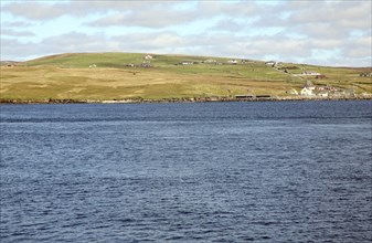 View of Yell island from ferry, Yell, Shetland Islands, Scotland, United Kingdom, Europe