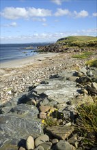 Rocks and sandy beach, Melby, near Sandness, Mainland, Shetland Islands, Scotland, United Kingdom,