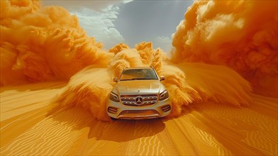 A luxury SUV in the midst of a massive yellow sand storm explosion in the desert, action sports