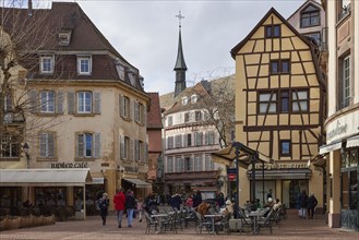 Old town with half-timbered houses and restaurants in the historic centre of Colmar, Haut-Rhin,