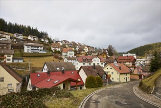 Residential buildings on a slope and small street in Guetenbach, Black Forest-Baar-Kreis,