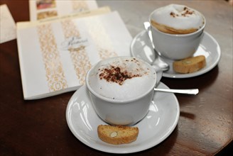 Two cups of cappuccino and espresso with pastries on a table in a cafe, Hamburg, Hanseatic City of