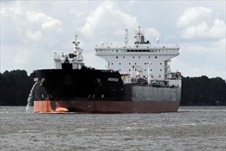 Large cargo ship sailing on a river (Elbe) under a cloudy sky, Hamburg, Hanseatic City of Hamburg,