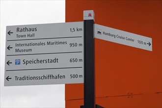 Signpost with directions and distances to various city sights, Hamburg, Hanseatic City of Hamburg,