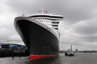 The imposing front of the Queen Mary 2 cruise ship in the harbour, Hamburg, Hanseatic City of