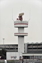 A maritime radar tower with antennas and technology in a harbour area, Hamburg, Hanseatic City of