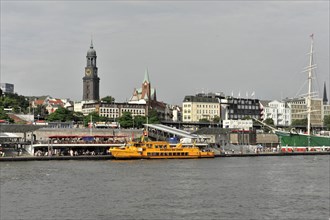 Hamburg harbour view with ships and clock tower by day, Hamburg, Hanseatic City of Hamburg,