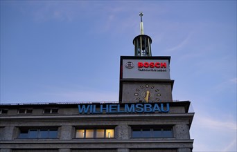 Wilhelmsbau, logo, lettering, Bosch, tower clock, blue hour, Stuttgart, Baden-Wuerttemberg,