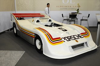RETRO CLASSICS 2010, Stuttgart Messe, White Porsche racing car prototype with colour stripes,