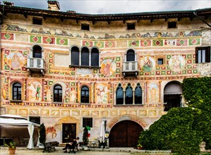 Palazzo Dipinto, facade with painted frescoes, historic city centre, Spilimbergo, Friuli, Italy,