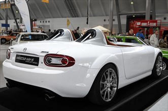 RETRO CLASSICS 2010, Stuttgart Messe, The rear view of a white Mazda MX-5 convertible at a car