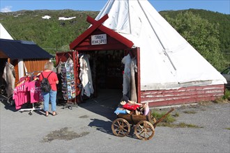 Souvenir shop in a traditional Sami tent on the Lofoten Islands, Norway, Scandinavia, Europe