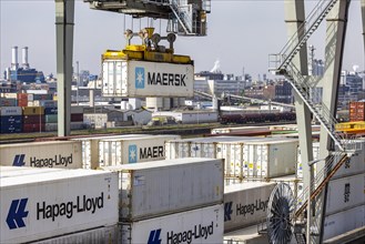 Container terminal in the port of Mannheim, sea containers are stacked in one of the most important