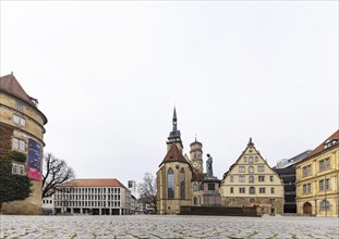 Schillerplatz square with Schiller monument, town hall tower, collegiate church and fruit cellar,