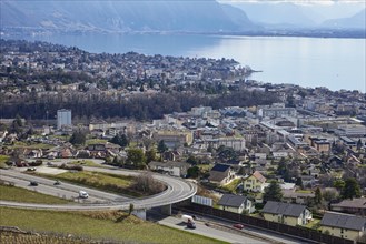 Main road 12 of Vevey and Lake Geneva from the Jongny site, Riviera-Pays-d'Enhaut district, Vaud,