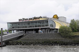 Musical theatre 'The Lion King' with visitors and eye-catching signage, Hamburg, Hanseatic City of