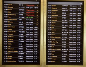 Departures electronic airport information board, Gatwick airport, UK