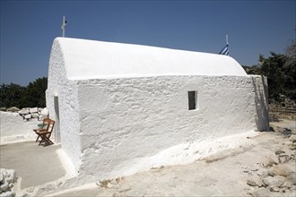 Whitewashed Greek orthodox church, Kastrou Monolithos, Rhodes, Greece, Europe