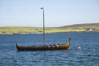 Viking longboat in Bressay Sound, Lerwick, Shetland Islands, Scotland, United Kingdom, Europe