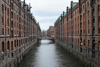 View of a quiet water canal surrounded by symmetrical brick buildings under a cloudy sky, Hamburg,
