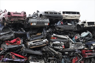 Junkyard, A large pile of crushed car wrecks in various colours, Hamburg, Hanseatic City of