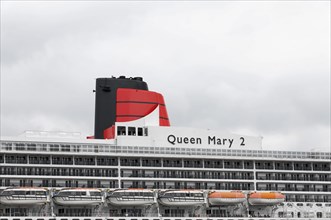 Close-up of the distinctive red smokestack of the Queen Mary 2, Hamburg, Hanseatic City of Hamburg,