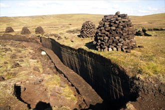 Peat cutting trenches, near Mid Walls, Mainland, Shetland Islands, Scotland, United Kingdom, Europe