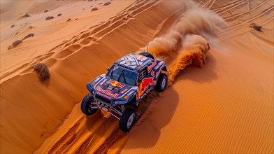 A Red Bull racing dune buggy speeding through desert sand dunes, action sports photography, AI