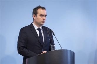 Sebastien Lecornu, French Minister of Defence, recorded during a press statement in Berlin, 22.03