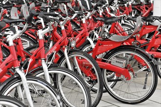 Close-up of red rental bicycles neatly arranged in rows, Hamburg, Hanseatic City of Hamburg,