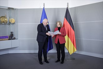 (R-L) Bundestag President Baerbel Bas, SPD, MdB, receives the 32nd activity report of the Federal