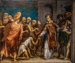 San Lorenzo distributing money to the poor, Giovanni Battitsta Grassi, 1558, Palazzo Patriarcale,