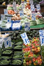 Fruit and vegetables street market stall, Colchester, Essex, England, UK