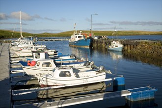Boats in harbour, Burravoe, Yell, Shetland Islands, Scotland, United Kingdom, Europe