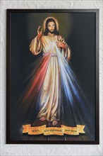 Poster with blessing Jesus figure, former monastery church Mater Salvatoris, Boerwang, Allgaeu,