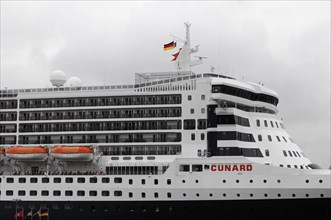 Detailed view of a Queen Mary 2 cruise ship of the Cunard Line with visible lifeboats, Hamburg,