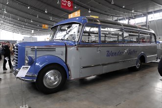 RETRO CLASSICS 2010, Stuttgart Messe, A blue and white vintage bus of the brand 'Wander Falke' at a