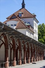 Historic market arbours, archway with columns, arcades, Giessen weekly market market, old town,