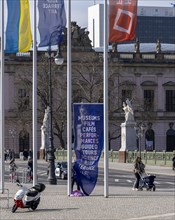 Flagpoles in front of the entrance to the Humboldt Forum, Berlin, Germany, Europe