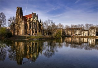 St John's Church, Reflection in the Lake of Fire, Stuttgart-West, Stuttgart, Baden-Wuerttemberg,