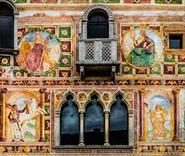 Palazzo Dipinto, facade with painted frescoes, historic city centre, Spilimbergo, Friuli, Italy,