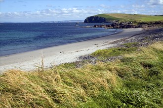 Sandy beach and sea shore, Melby, near Sandness, Mainland, Shetland Islands, Scotland, United
