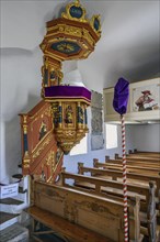 The pulpit, St Leonhard's branch church, Boerwang, Allgaeu, Swabia, Bavaria, Germany, Europe