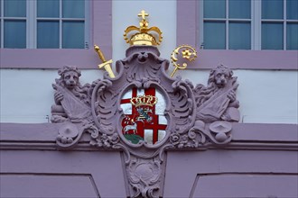 Coat of arms with lion figures, imperial crown with orb and golden sword, crown, red, white, cross,