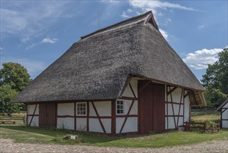 Thatched farmhouse from the 19th century, open-air museum for folklore Schwerin-Muess,