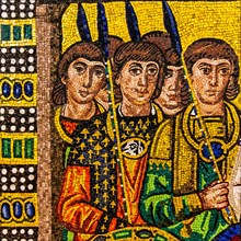 Parade of Justitian, mosaic copy, Basilica of San Vitale, Ravenna, 6th century, mosaic school
