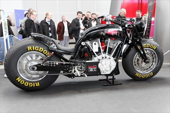 RETRO CLASSICS 2010, Stuttgart Trade Fair, Black exhibition motorbike with eye-catching RIGDON