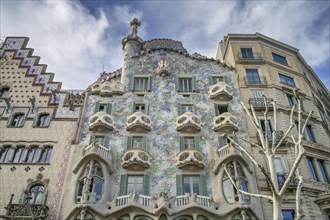 Facade, balconies, Casa Batllo, apartment building by Antoni Gaudi, Passeig de Gracia, Barcelona,