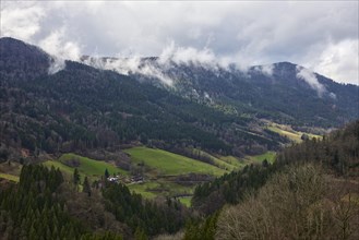 Three-valley view in the Black Forest with fog in Simonswald, Emmendingen district,