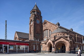 Historic Wilhelmine railway station, clock tower, pavilion with entrance to the station building,
